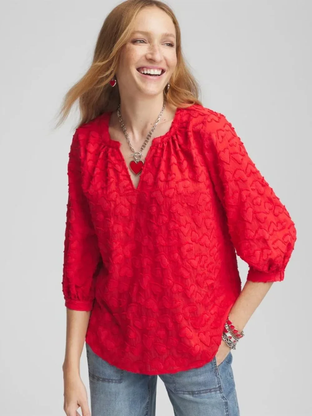 NWT Chico's Red Embellished Valentine's Day Peasant‎ Blouse Size XXL